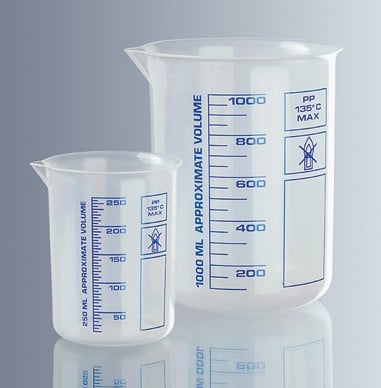 A plastic container with spout for storing liquid with blue graduations