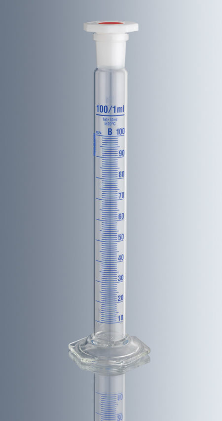 Measuring Cylinder 10ml Capacity with 0.2ml Graduations and ± 0.20ml Tolerance with Polyethylene Stopper NS10/19, Class B