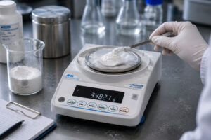 Weighing powder in laboratory using an A&D FX-323 Fortis beaker