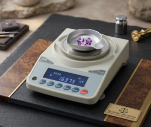 A&D FZ-i precision balance weighing precious gemstones with NMI certified badge and legal-for-trade notice