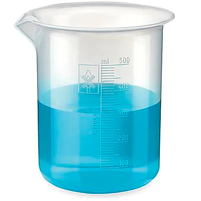 A plastic container with spout for storing liquid with molded graduations